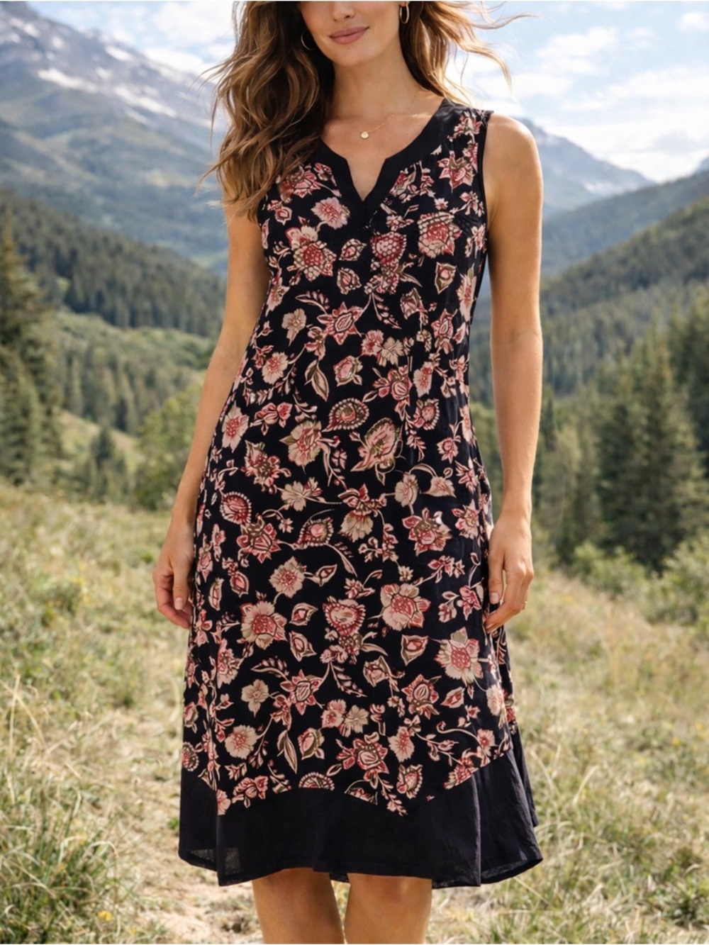Lands’ End Floral Cotton Dress M Black Pink Sleeveless Casual‎ Summer